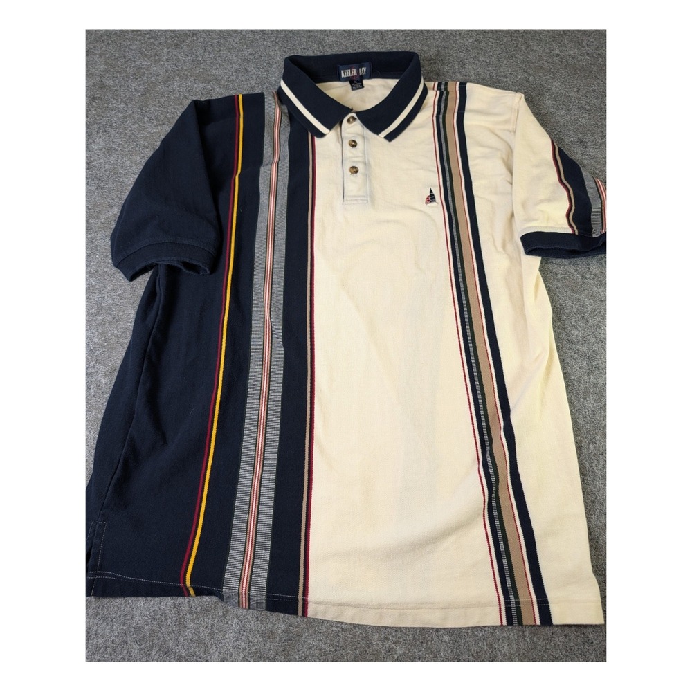 Keeler Bay Mens 1X Polo Shirt Short Sleeve Vertical Stripe Sailboat Navy Cream
